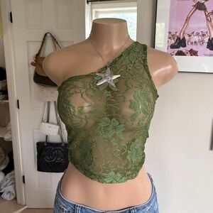 y2k 2000s green lace one shoulder asymmetrical sheer top